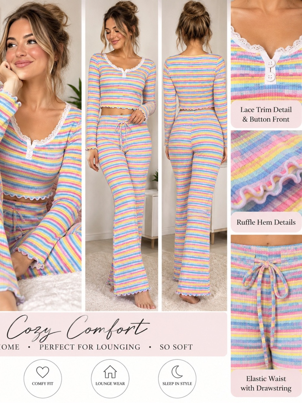 Cozy Pastel Rainbow Stripe Lace-Trim Pajama Set